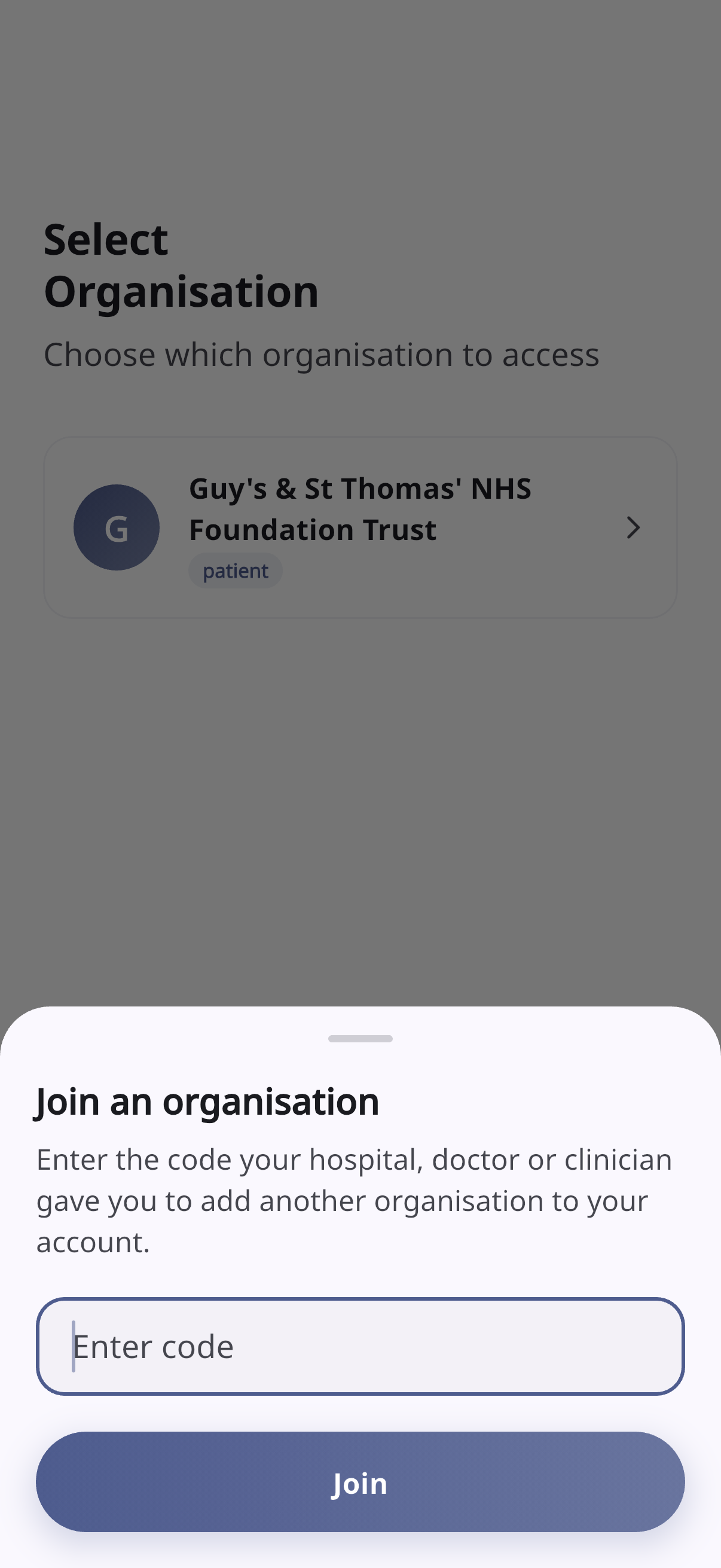 Screenshot: Join organisation