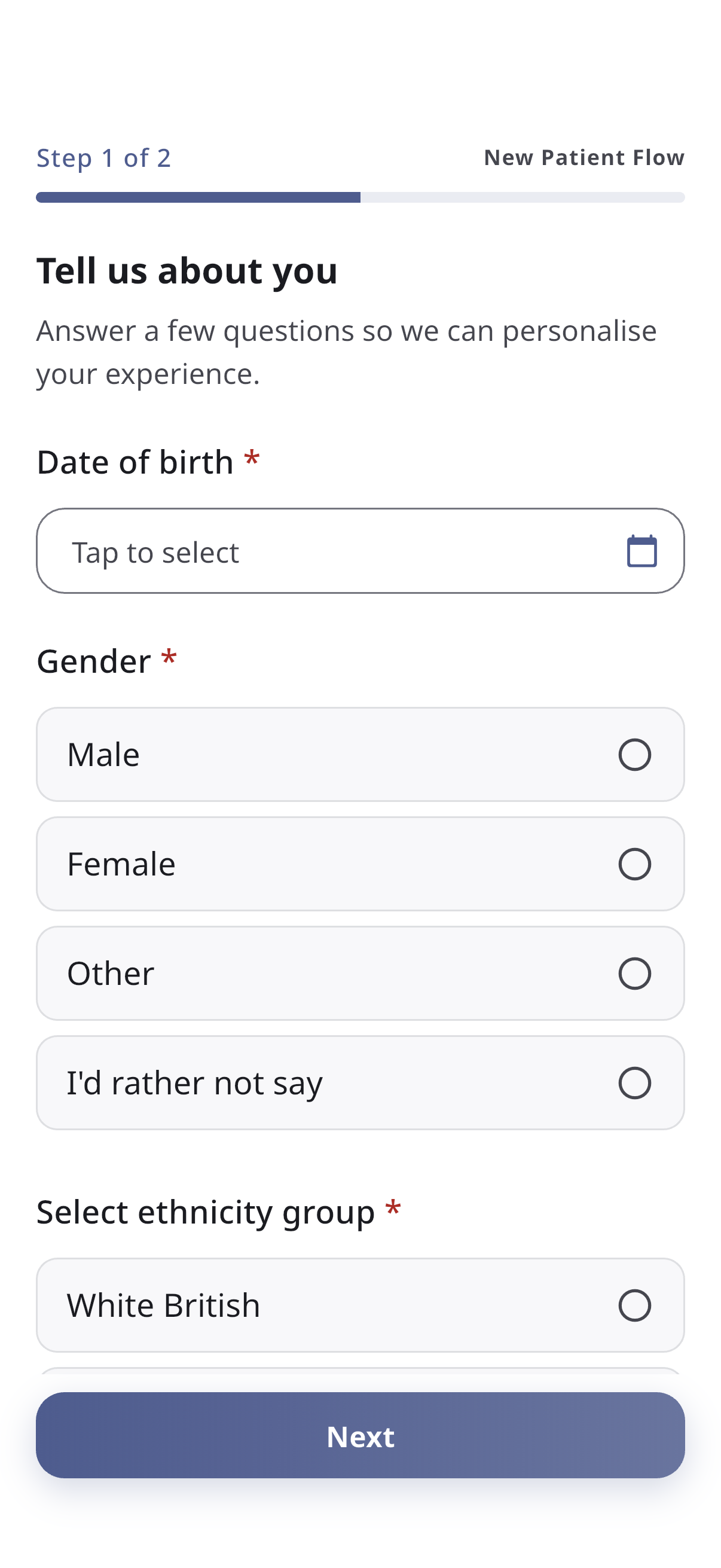 Screenshot: Onboarding questionnaire