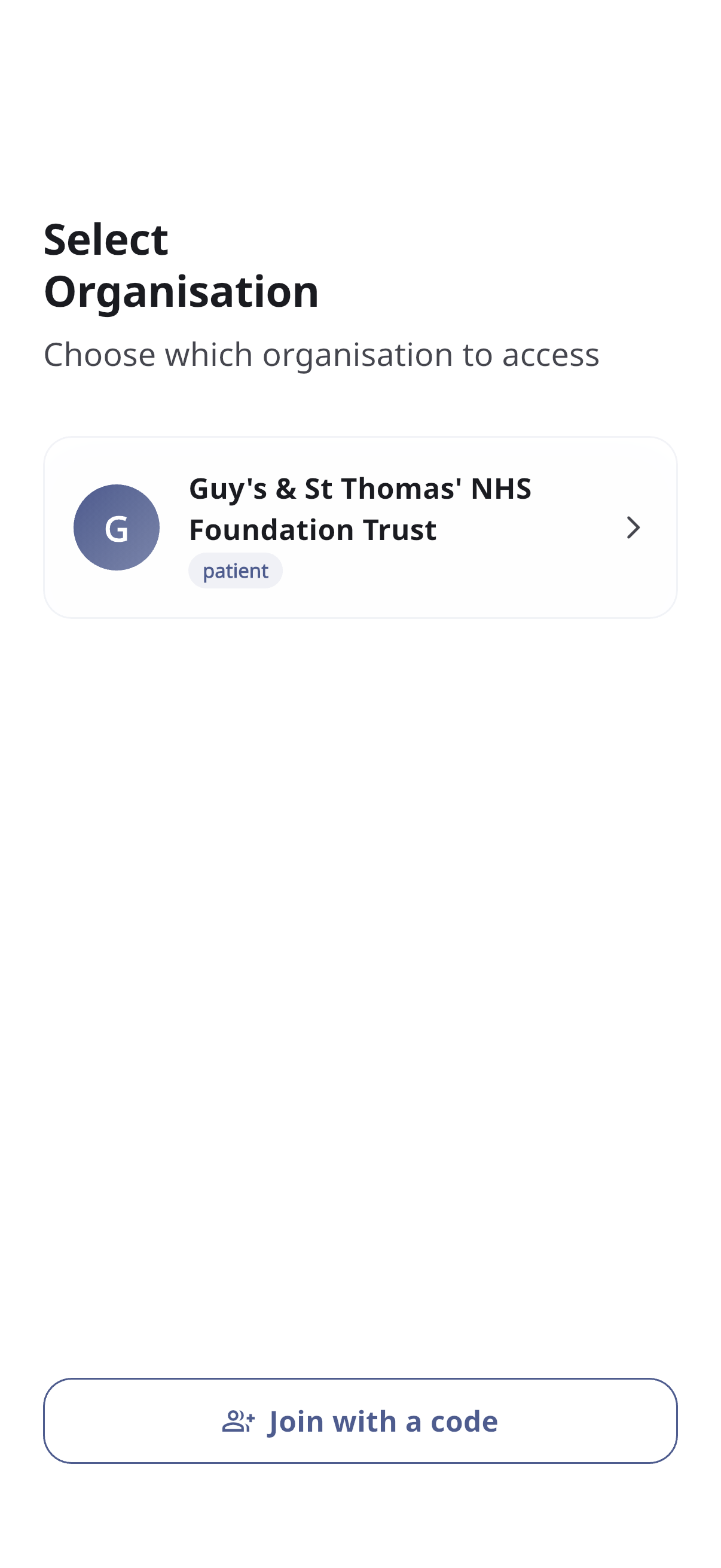 Screenshot: Organisation selector